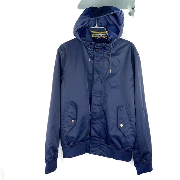 EUC- Zara Man Hooded Varsity Stripe Inside Navy Blue Bomber Jacket Size Large - Picture 13 of 16